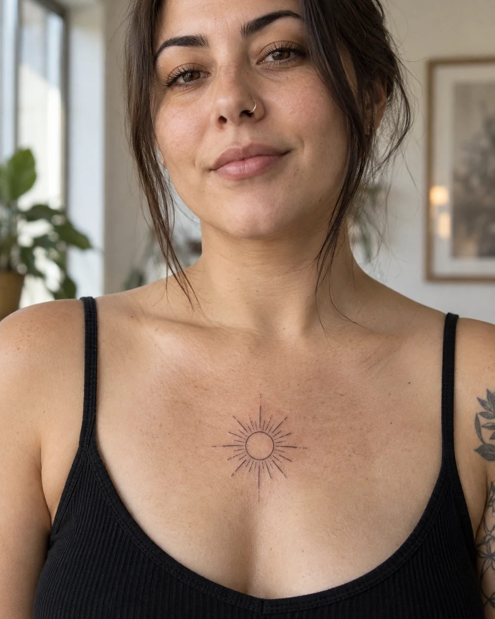 Fine-line sunburst tattoo centered above the sternum