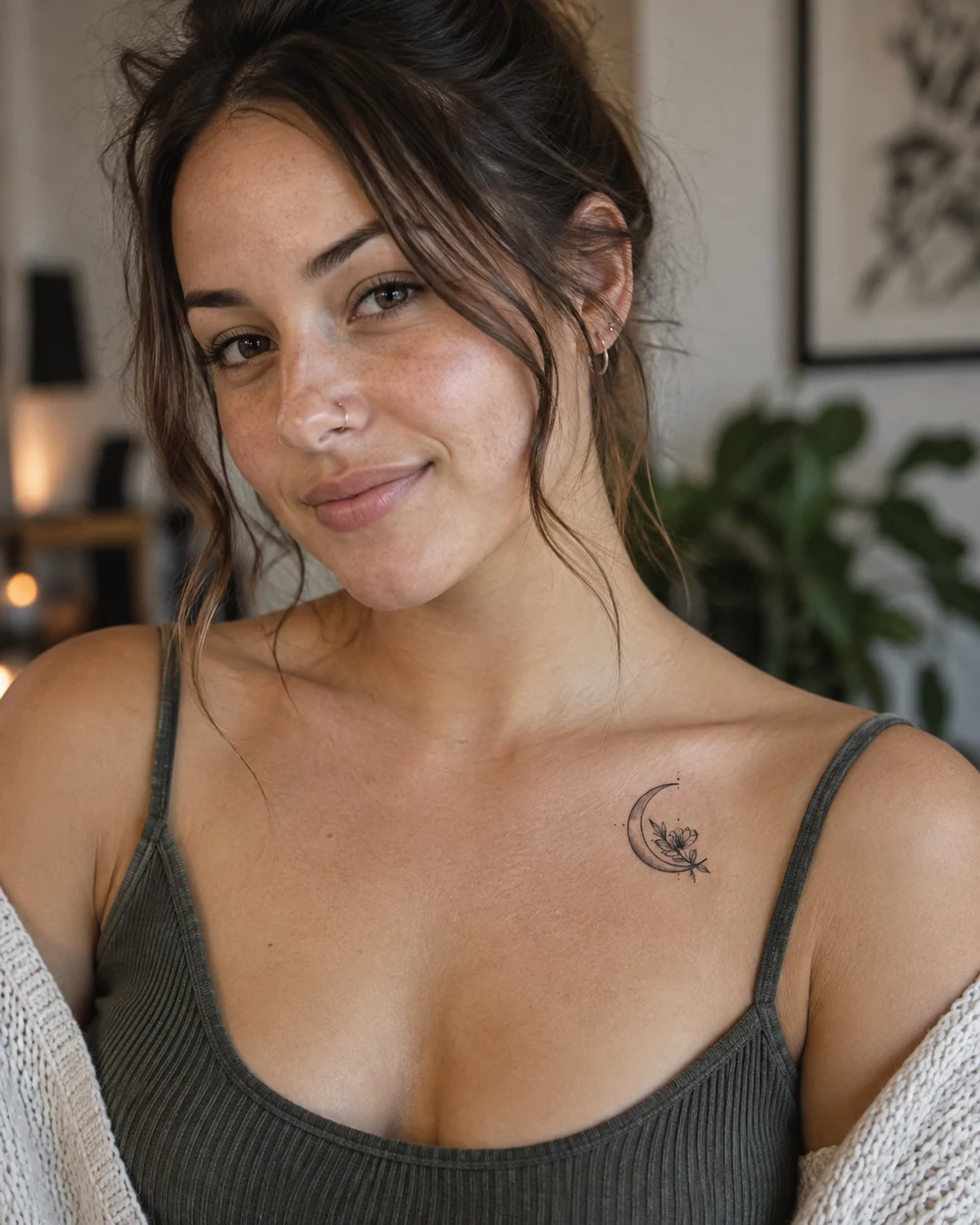 Fine-line crescent moon and small flower beneath the collarbone in a chest tattoo