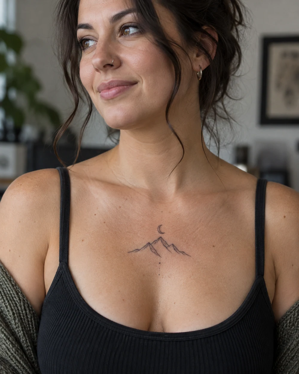 Fine-line mountain ridge and crescent moon tattoo centered on the upper chest