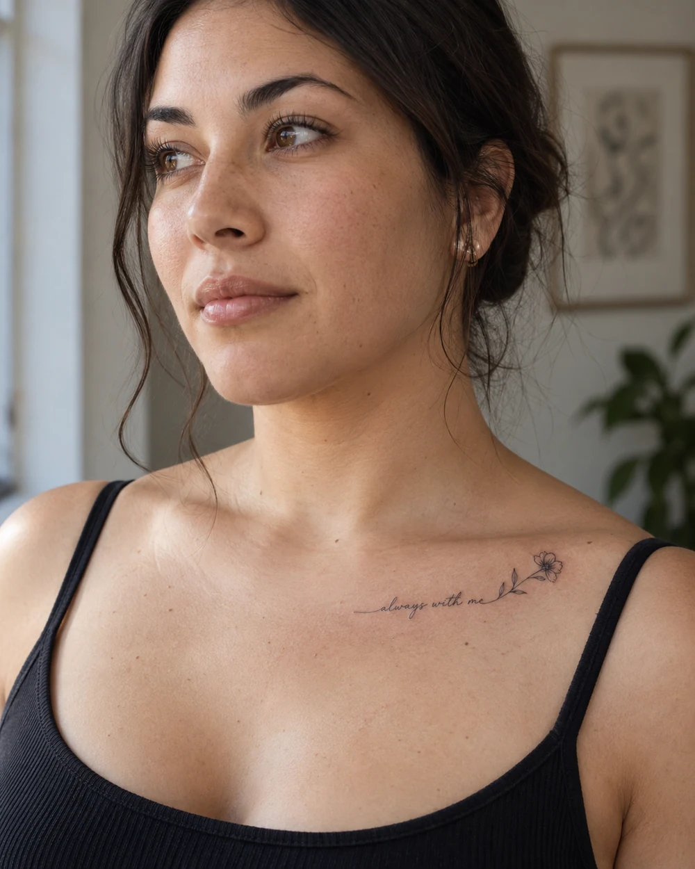 Woman wearing a fine-line script phrase and tiny blossom tattoo along her collarbone