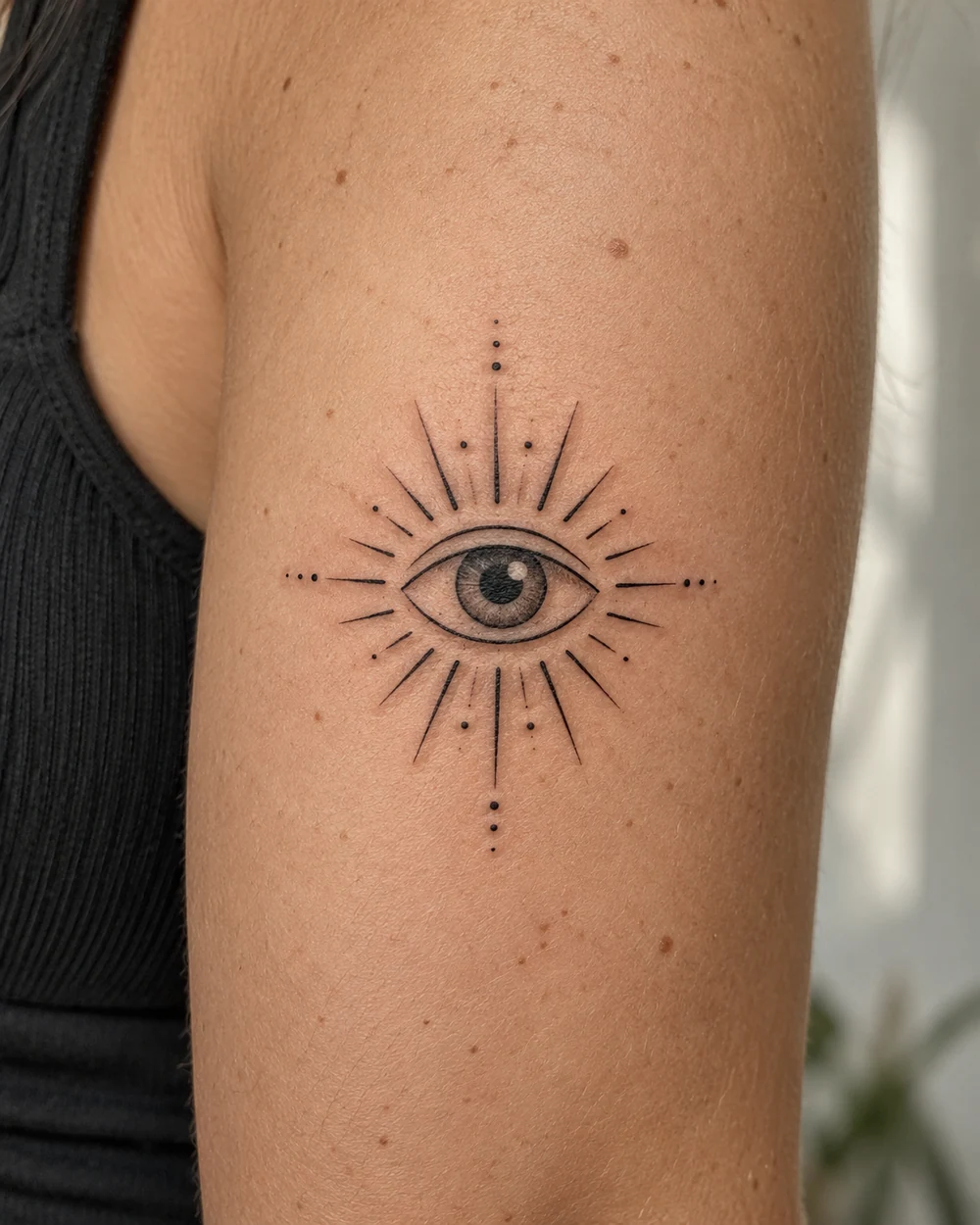 Fine-line black evil eye tattoo with a shaded iris, short balanced rays, and dot accents on an upper arm