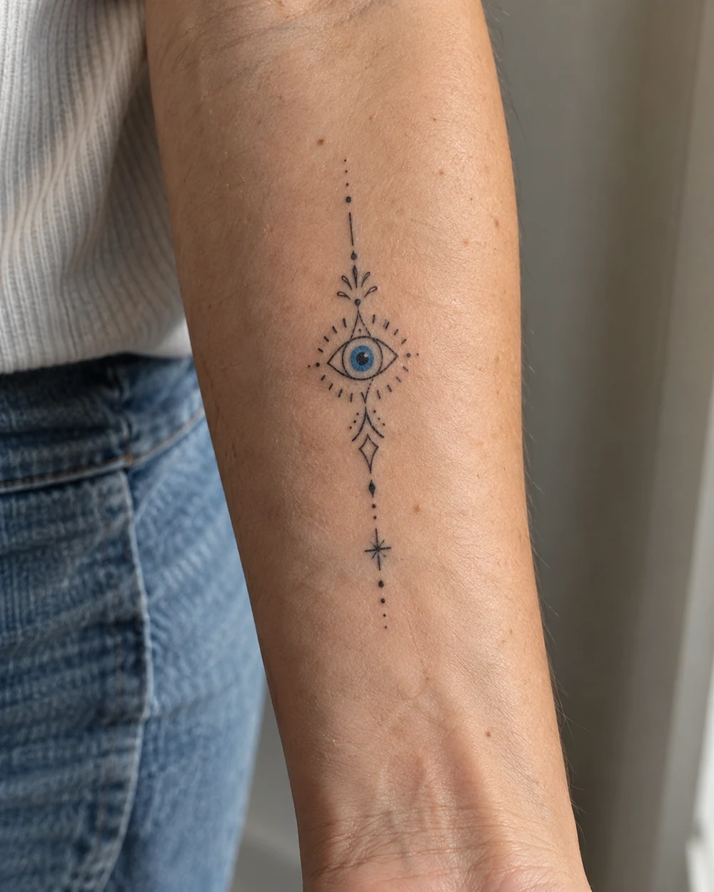 Narrow vertical black fine-line evil eye tattoo with a blue iris, radiating marks, and dotted tail on the inner forearm