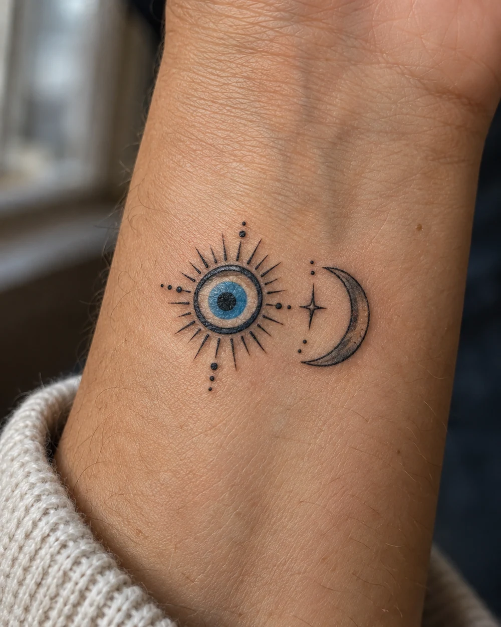 Small blue evil eye tattoo with black radiating lines, dot accents, and a crescent moon on a wrist