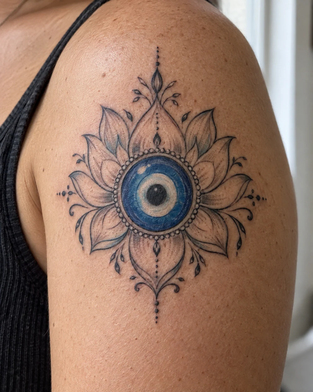 Blue evil eye tattoo enclosed by a delicate petal frame on a shoulder