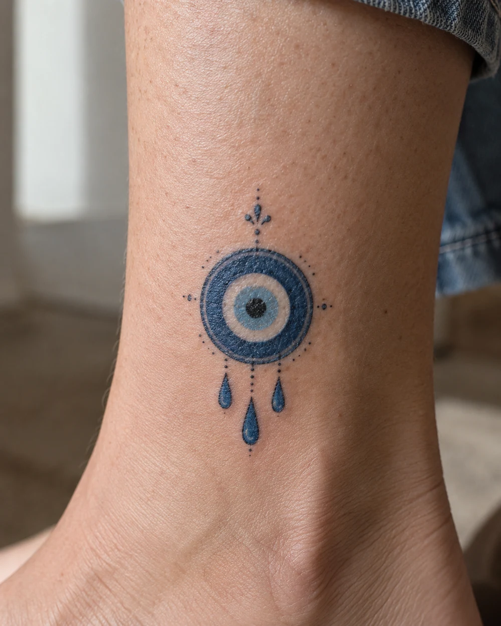 Blue circular evil eye tattoo with three dangling drops on a lower leg