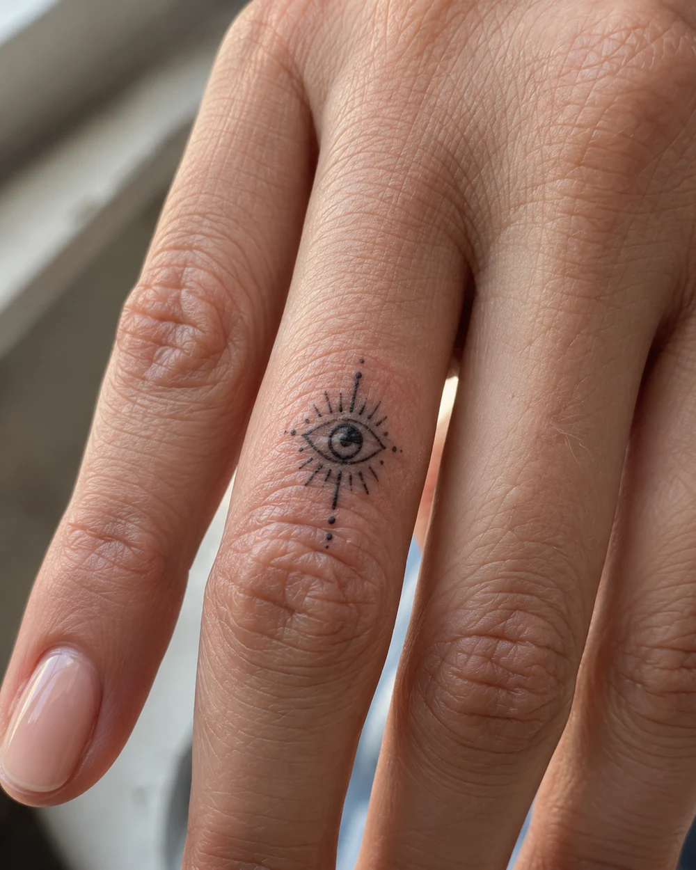 Small black fine-line evil eye tattoo with radiating strokes and dots on a finger