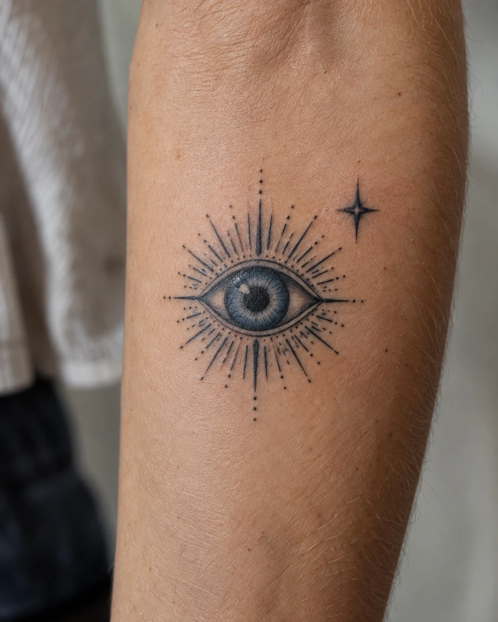 Black and gray evil eye tattoo with radiating linework and a small four-point star on a forearm