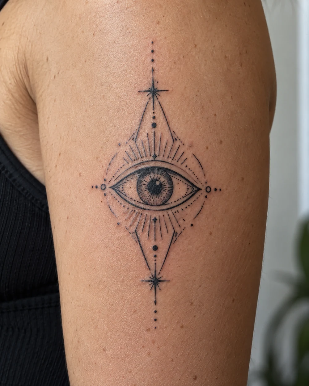 Elongated black evil eye tattoo with a detailed iris, radiating lines, dots, and starbursts on an upper arm