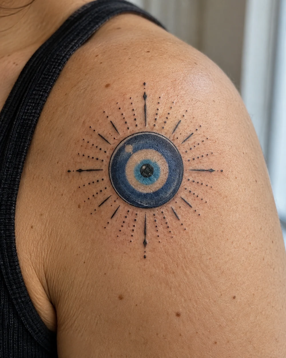 Blue and black circular evil eye tattoo with a fine dotted halo and compass-like line accents on the shoulder