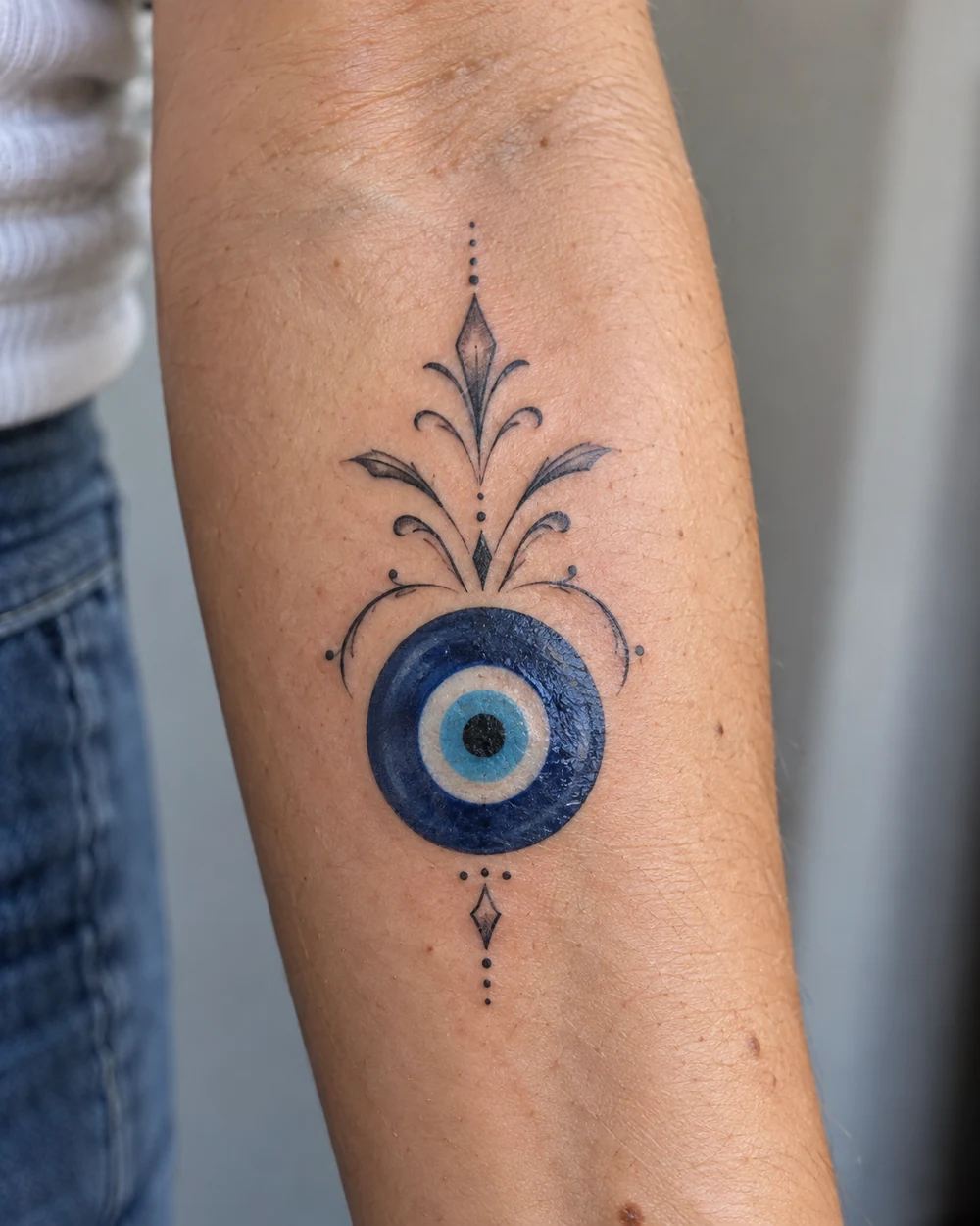 Round blue evil eye tattoo with a symmetrical black ornamental flourish on a forearm