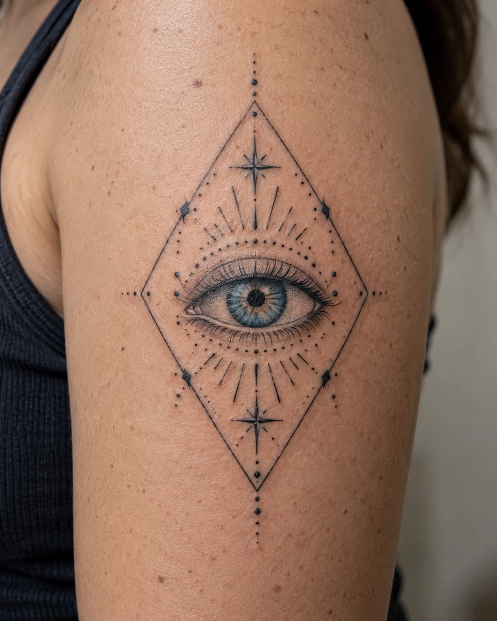 Blue evil eye tattoo centered inside a thin diamond frame on an upper arm