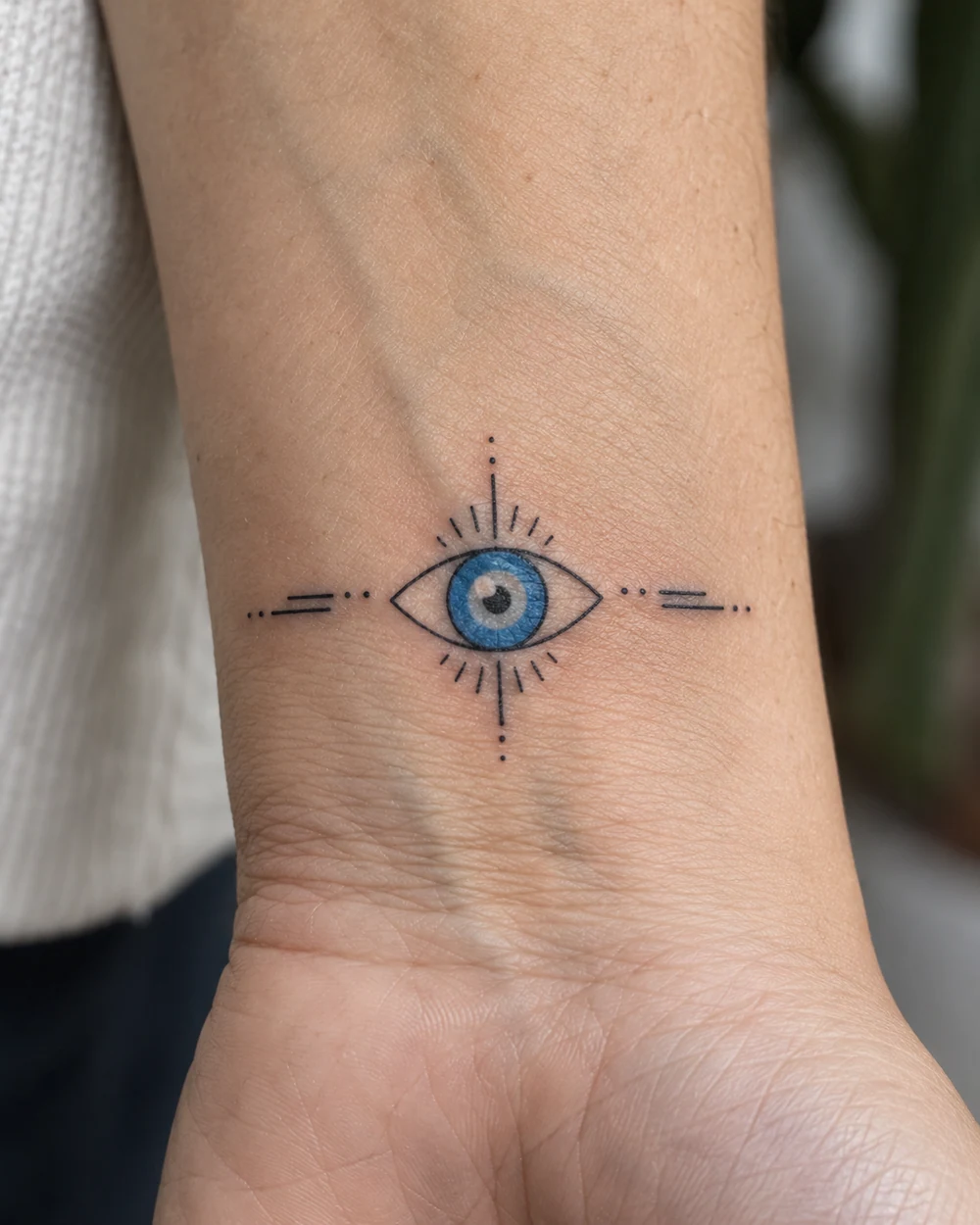 Compact blue evil eye tattoo with radiating black details and short side lines on an inner wrist