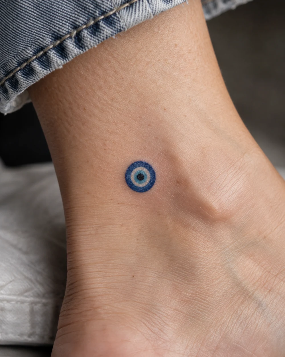 Tiny black double-ring evil eye tattoo with a centered iris and geometric lines