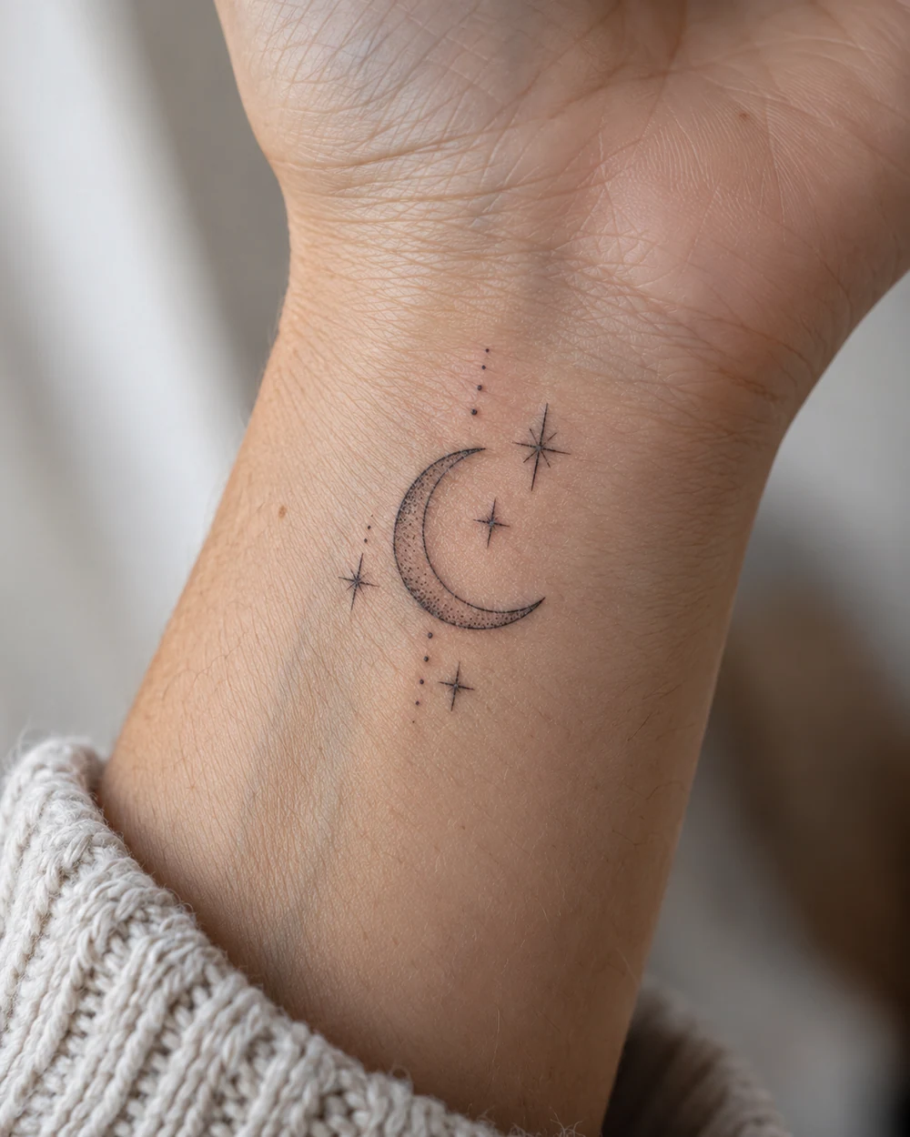 Fine line crescent moon tattoo with three small stars and dotted accents on a wrist