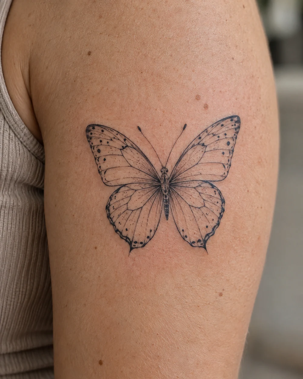Fine line butterfly tattoo with symmetrical open wings and delicate vein details on an upper arm