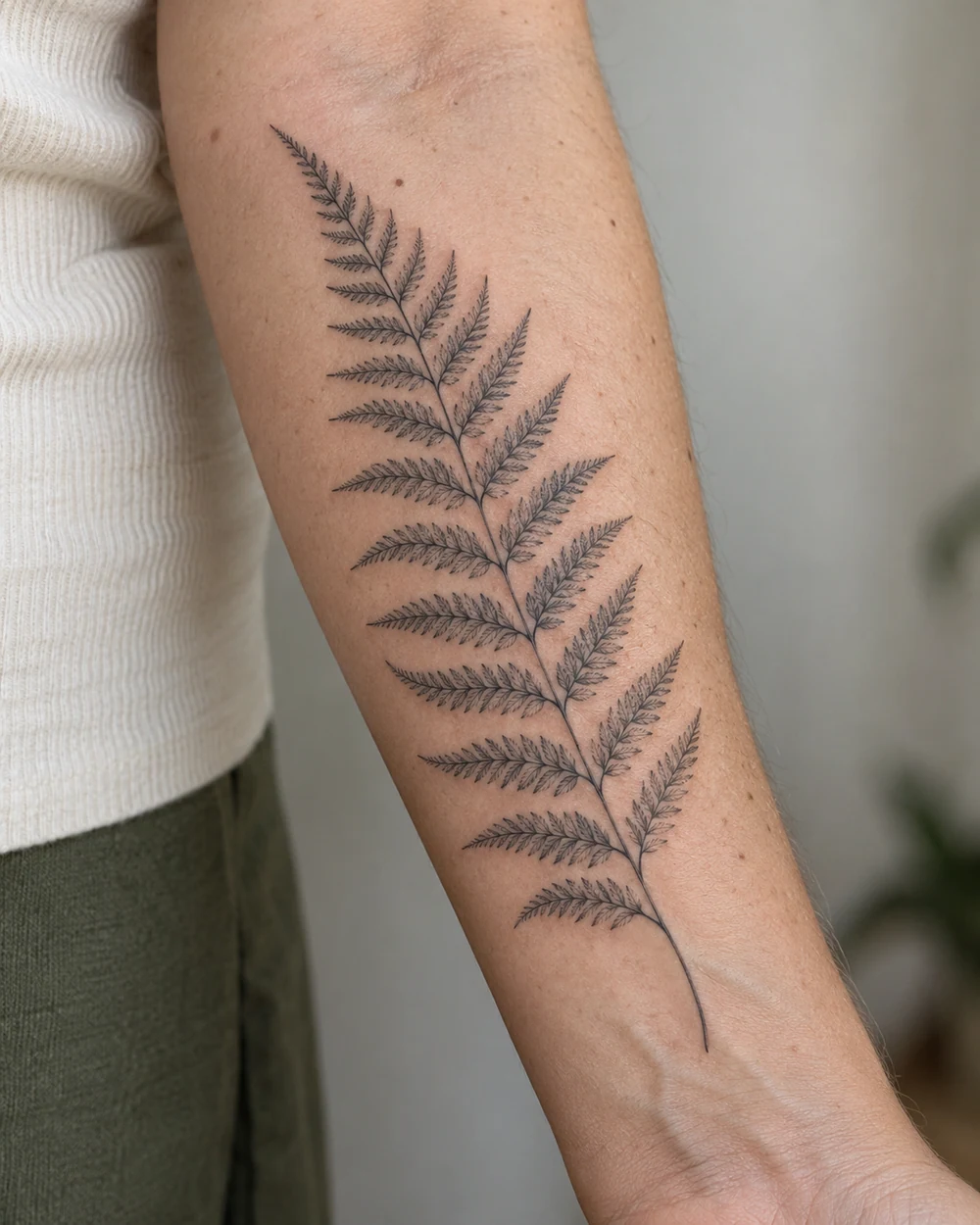 Fine line black fern tattoo with a curved central stem and branching leaflets along the forearm
