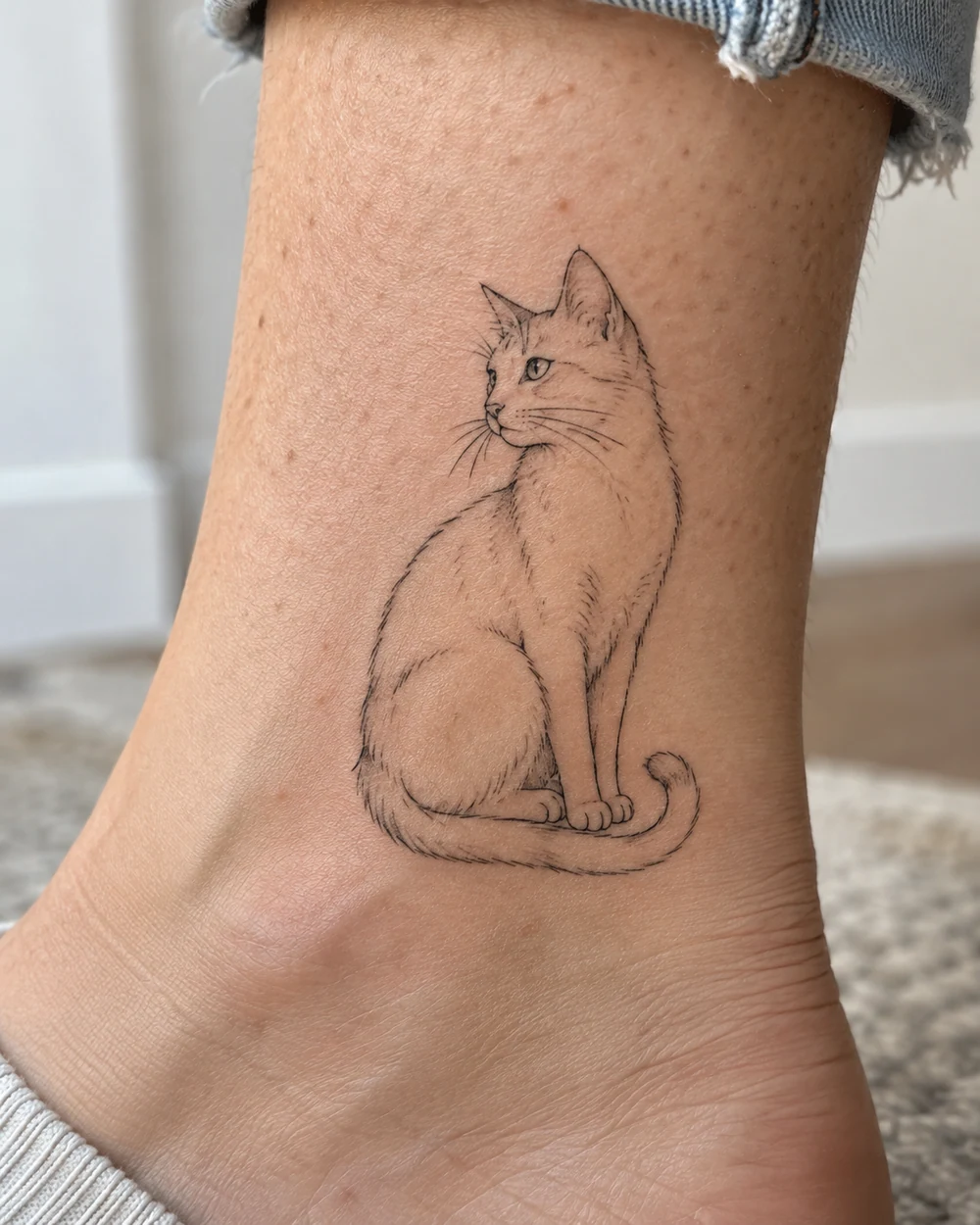 Fine line black outline tattoo of a seated cat with a curled tail on an ankle