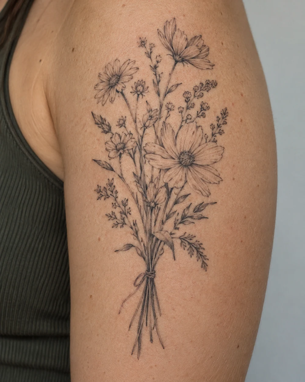 Fine line black and gray wildflower bouquet tattoo with distinct blossoms, delicate leaves, and tied stems on an outer upper arm