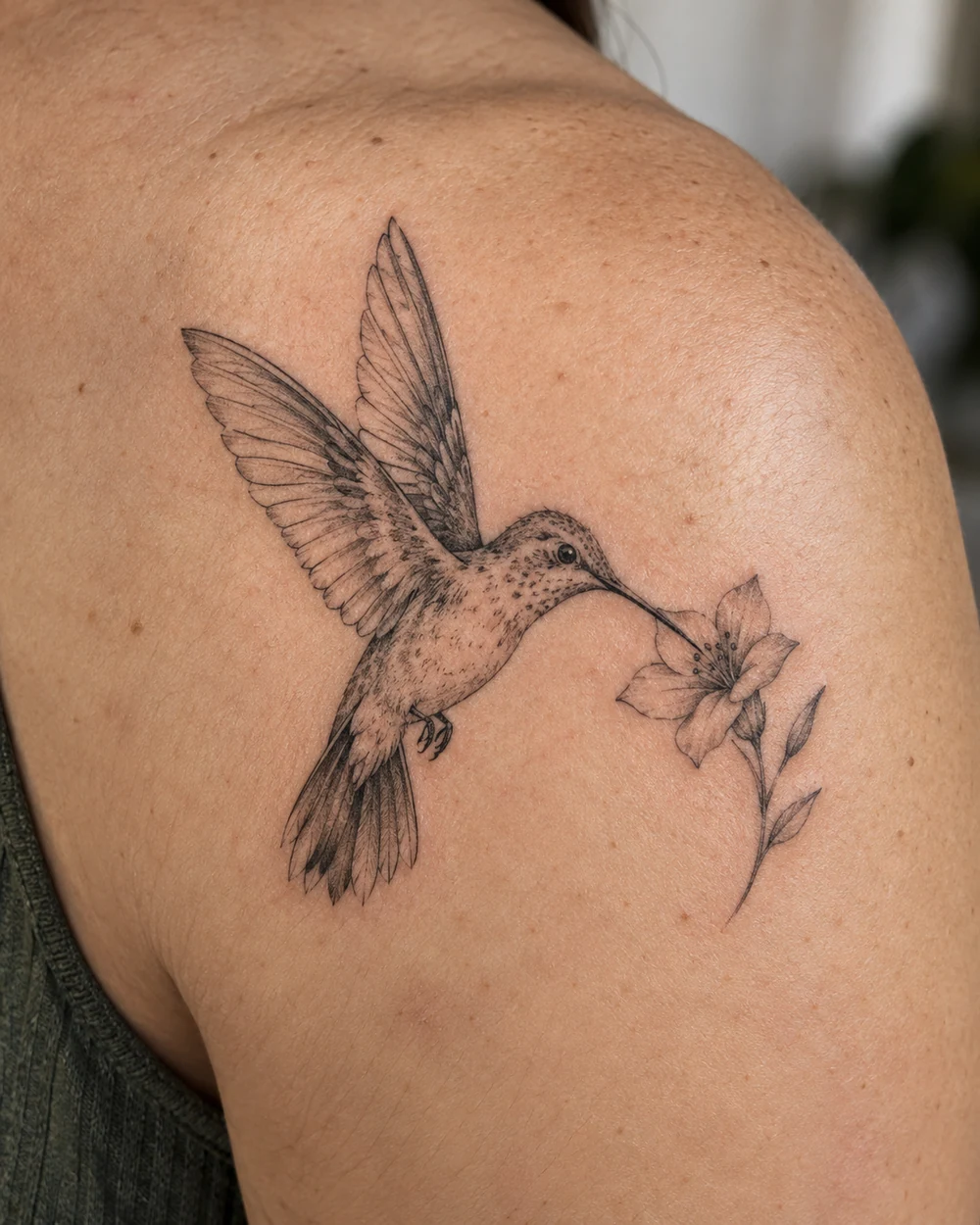 Fine line hummingbird tattoo with raised wings and a small flower on the shoulder