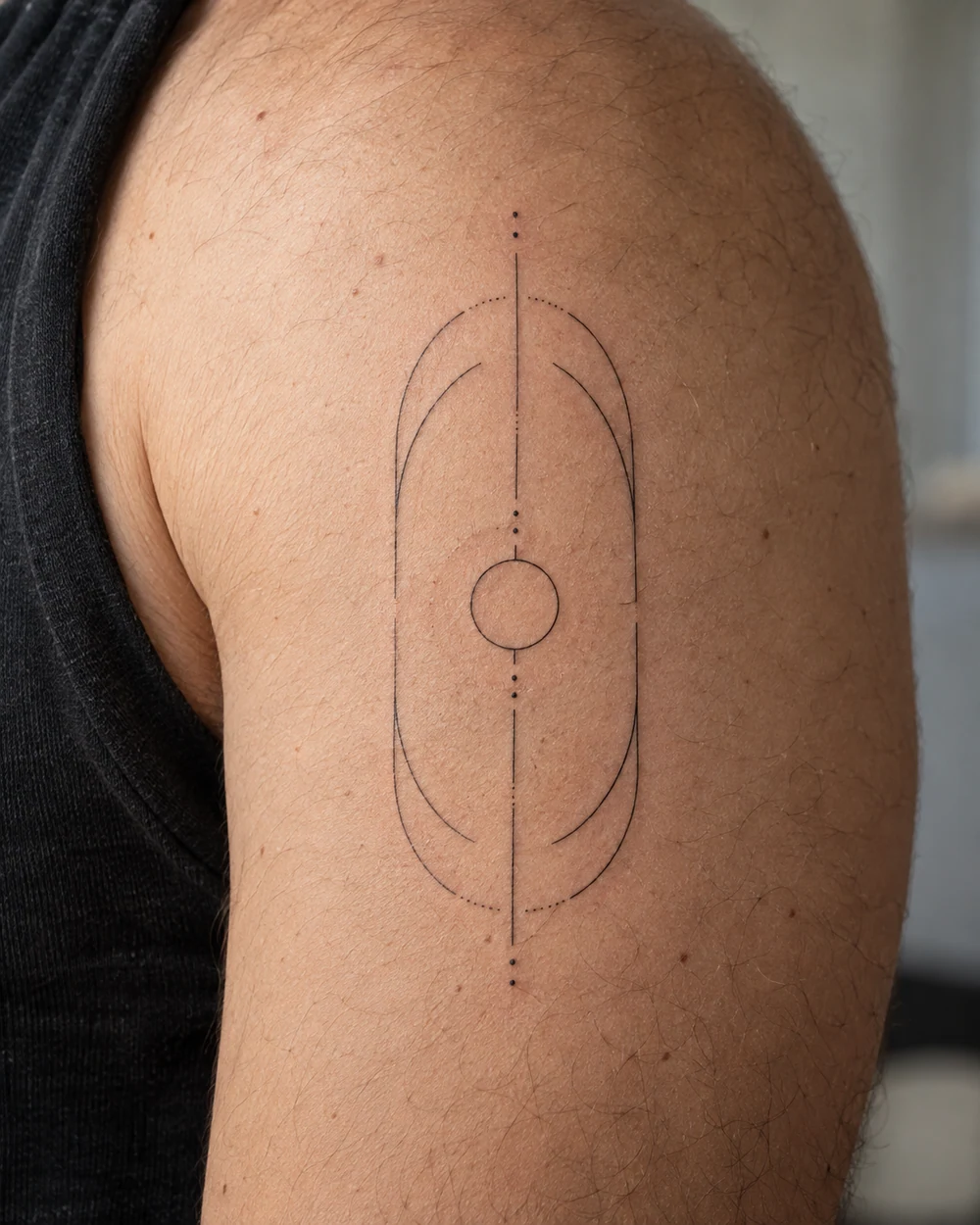 Fine line geometric tattoo with paired elongated arches, a central circle, and dotted vertical accents on an upper arm