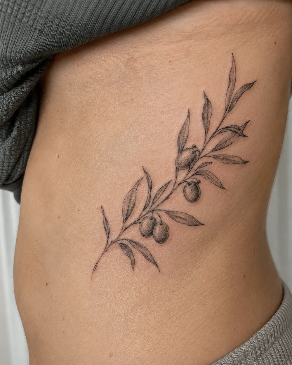 Fine line tattoo of an angled olive branch with narrow leaves and small olives on the ribcage