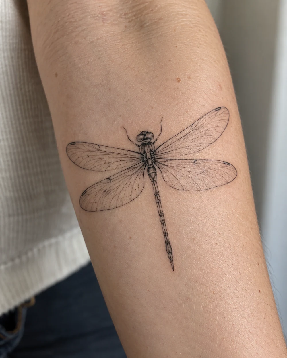 Fine line dragonfly tattoo with a long body and four slim veined wings on the inner forearm
