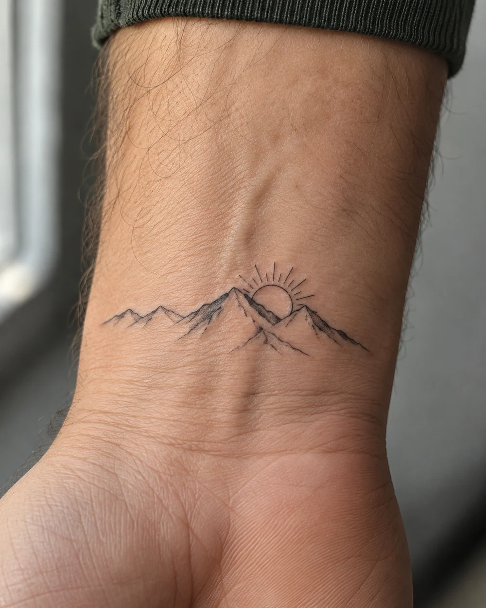 Fine line black mountain ridge tattoo with a small half-sun on the inner wrist