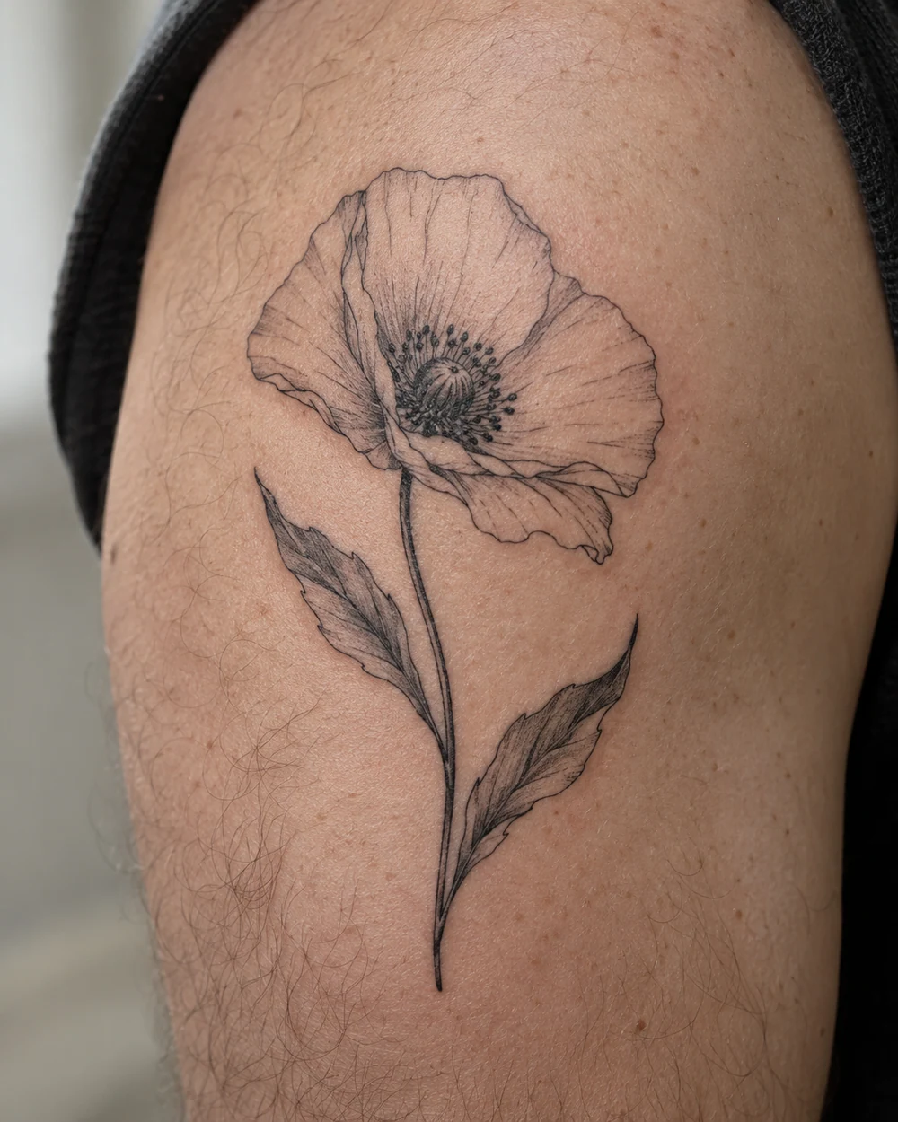 Fine line black poppy tattoo with an open flower, two curved leaves, and a slim stem on an upper arm
