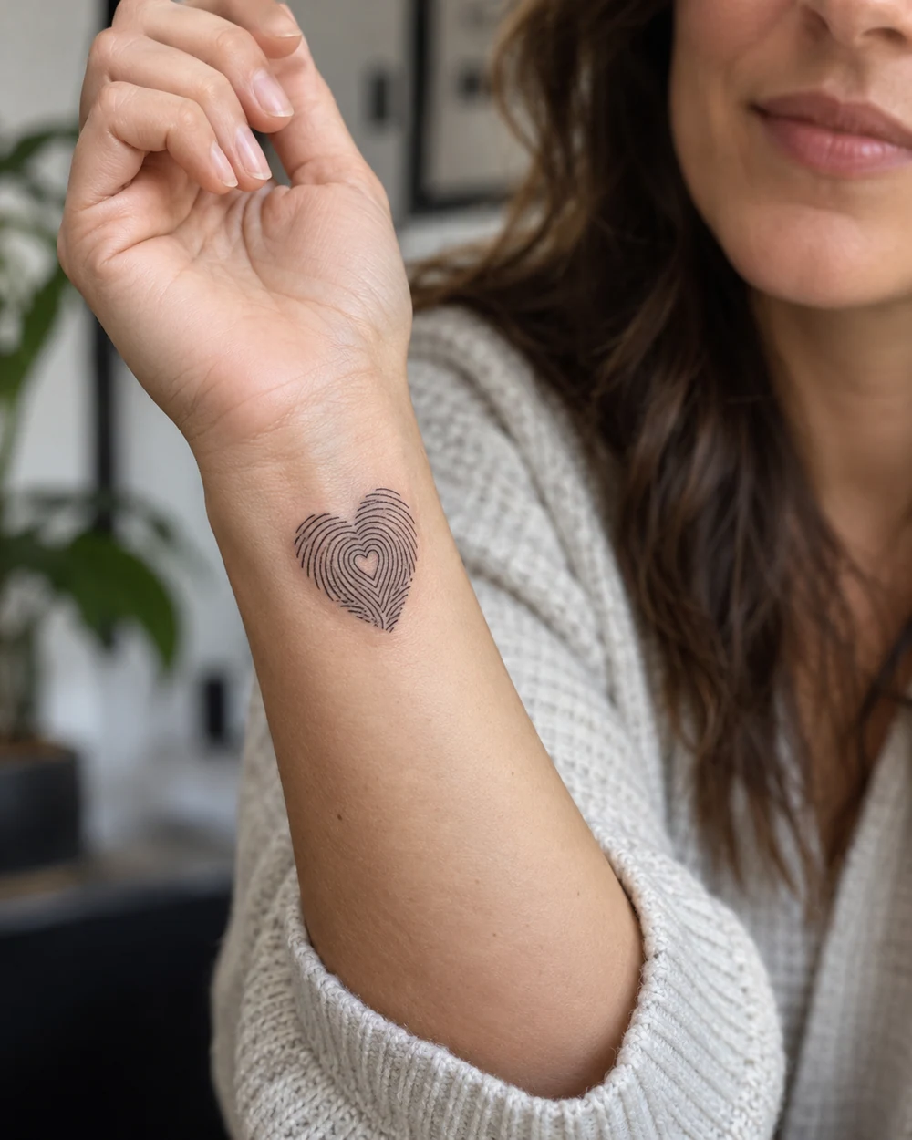 Black fingerprint tattoo forming a heart on the inner wrist