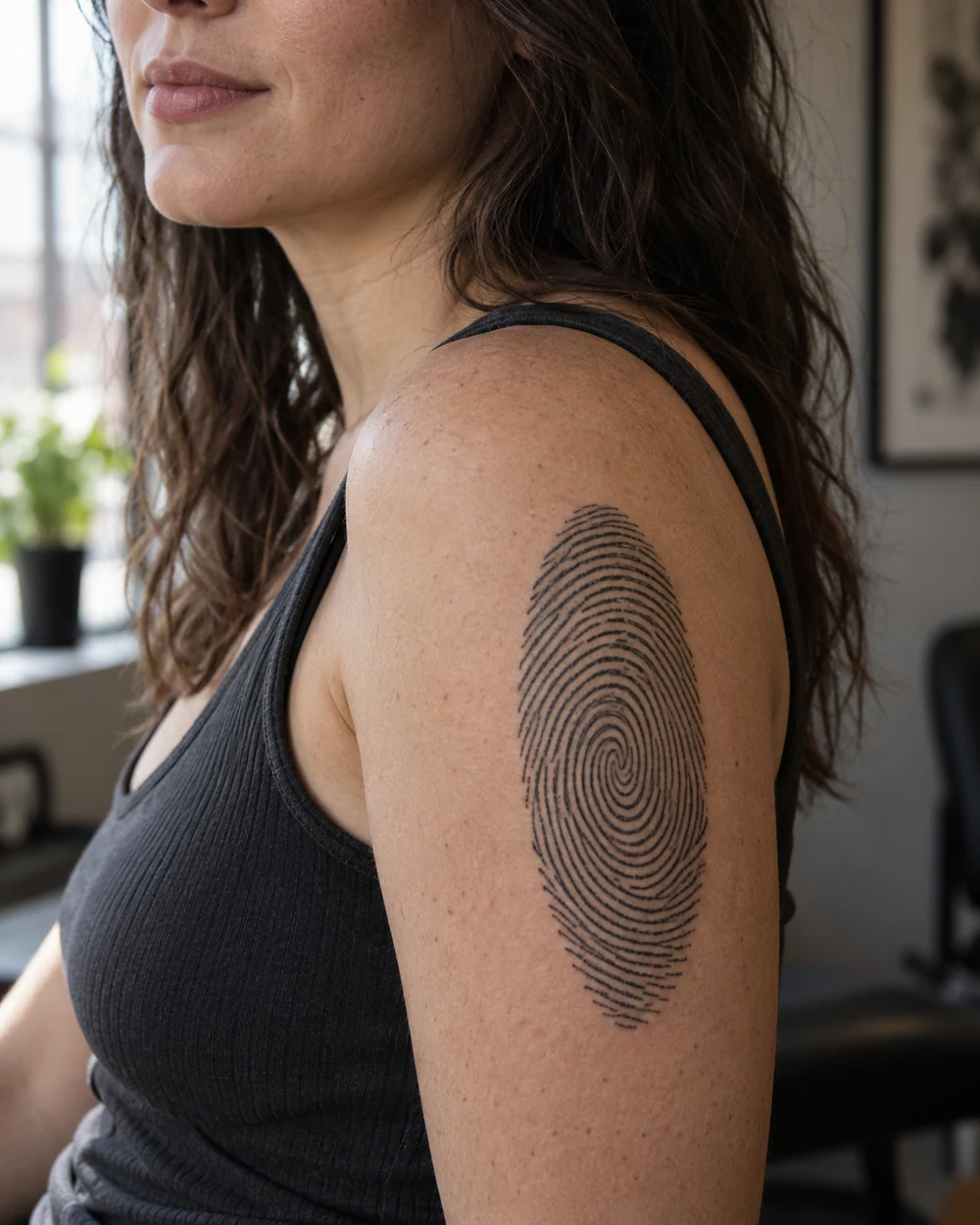 Tall, narrow fingerprint tattoo with fine dark whorls on a woman's outer upper arm