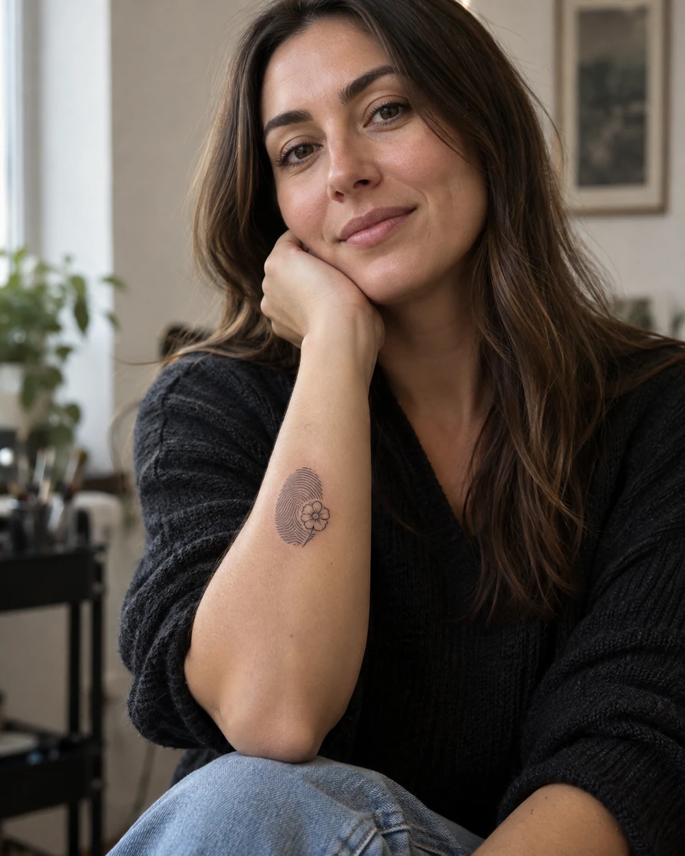 Fine-line fingerprint tattoo with a small flower on a woman’s forearm