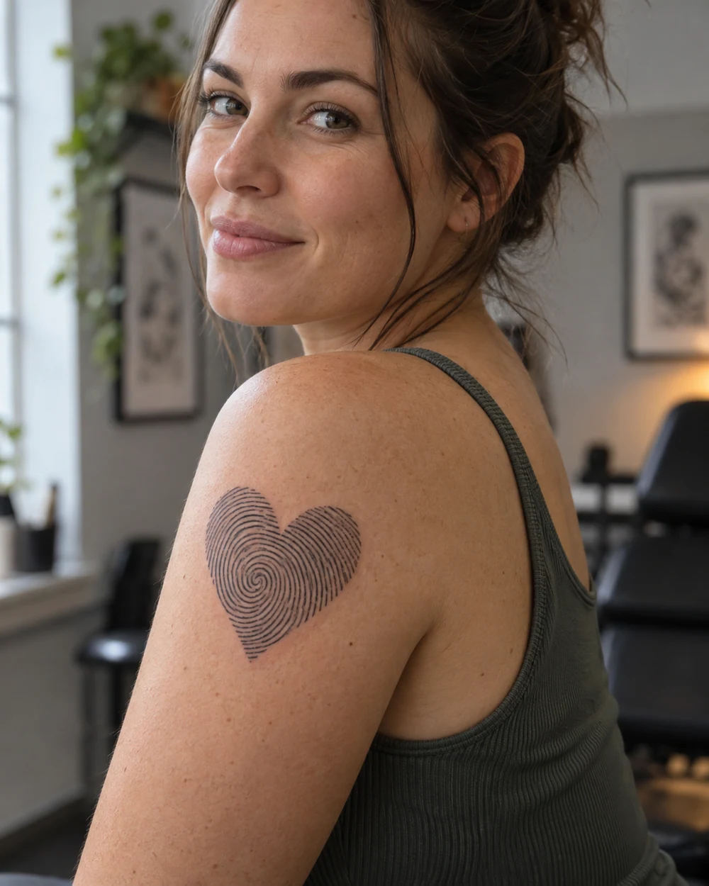 Black heart-shaped fingerprint tattoo with fine whorl lines on an upper arm