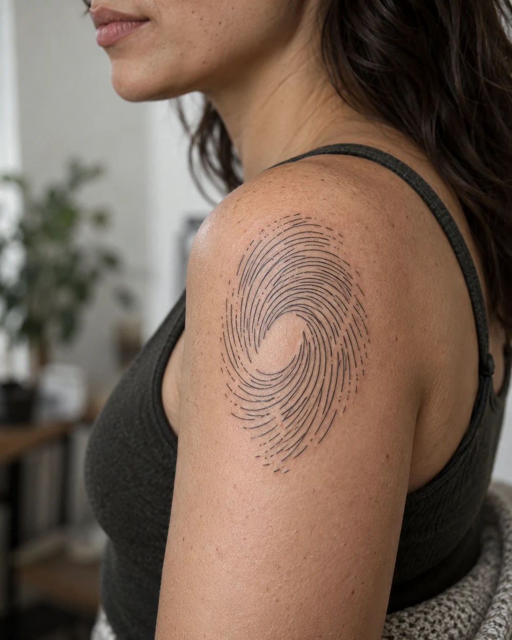 Airy black fingerprint tattoo with separated loops and an open center on a shoulder