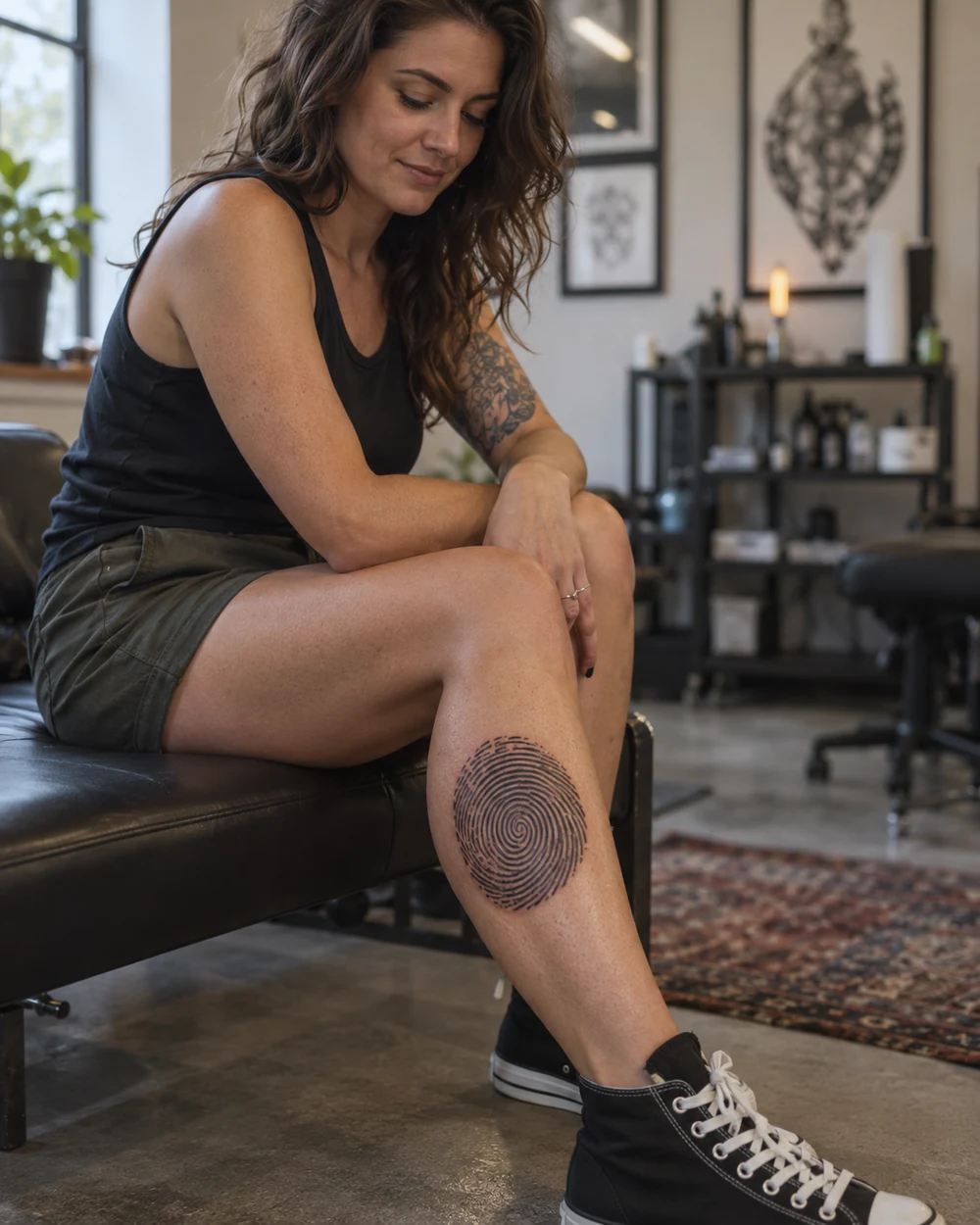 Round dark fingerprint tattoo with fine whorls and a central spiral on the outer calf
