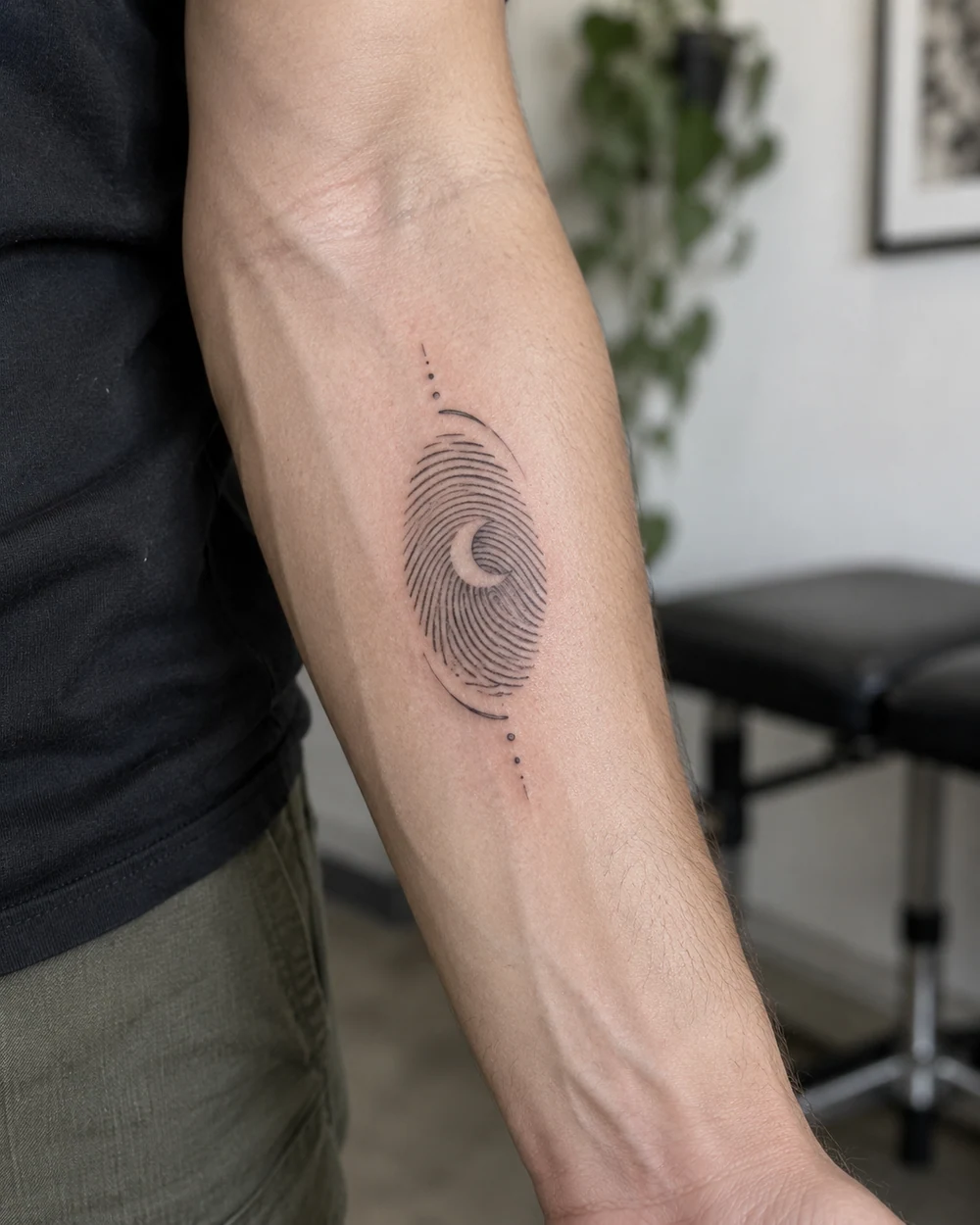Fine-line fingerprint tattoo with crescent detail on an inner forearm