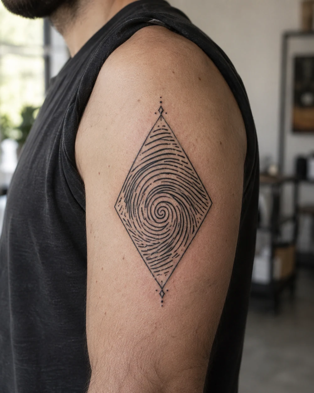 Black fingerprint-like whorls inside a thin diamond frame tattooed on the outer upper arm