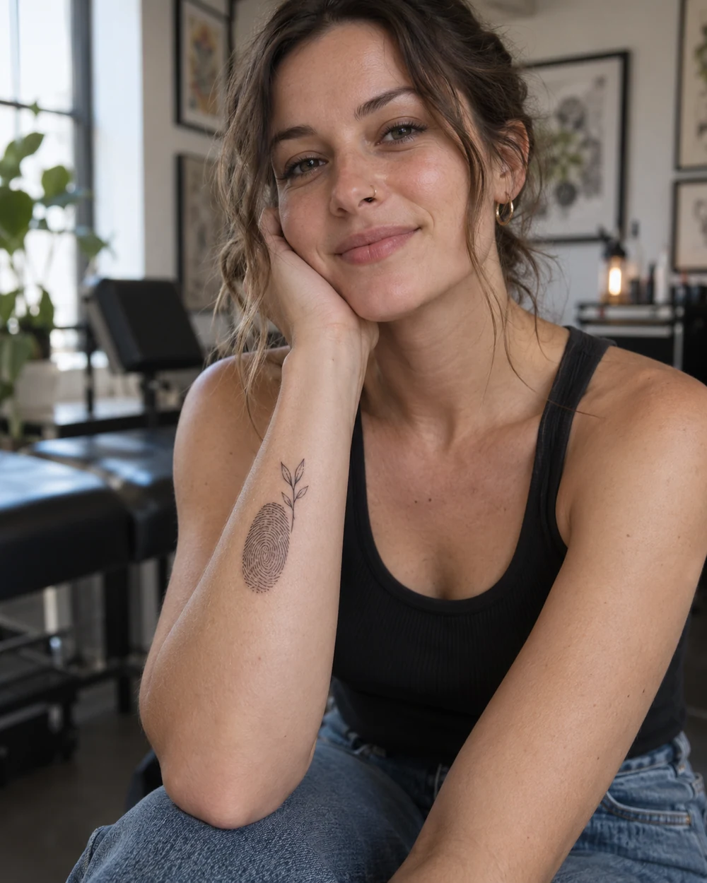 Fine-line oval fingerprint tattoo with a delicate two-leaf sprig on a woman's forearm