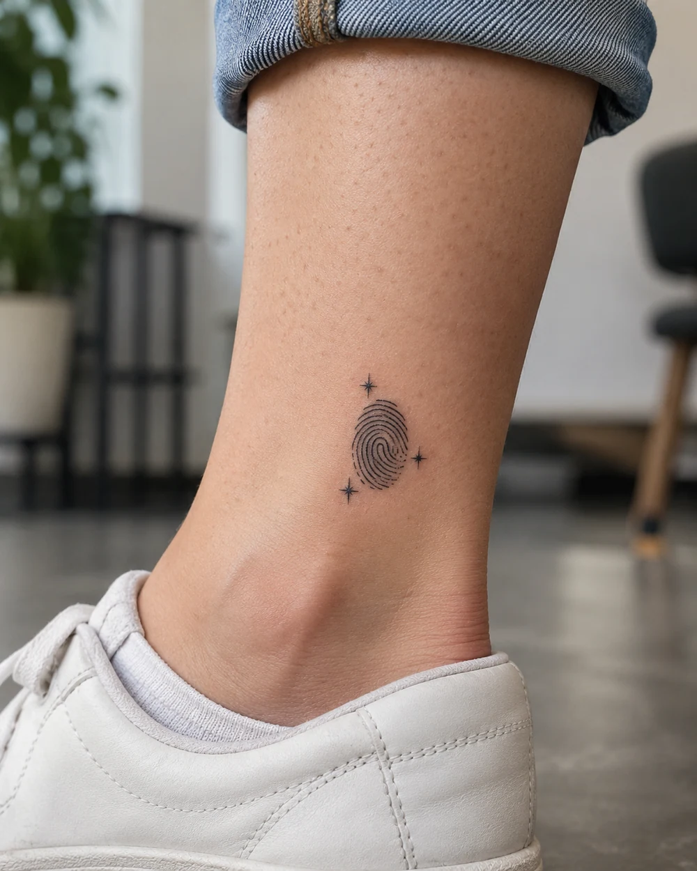 Small black fingerprint oval tattoo with three star accents above the ankle