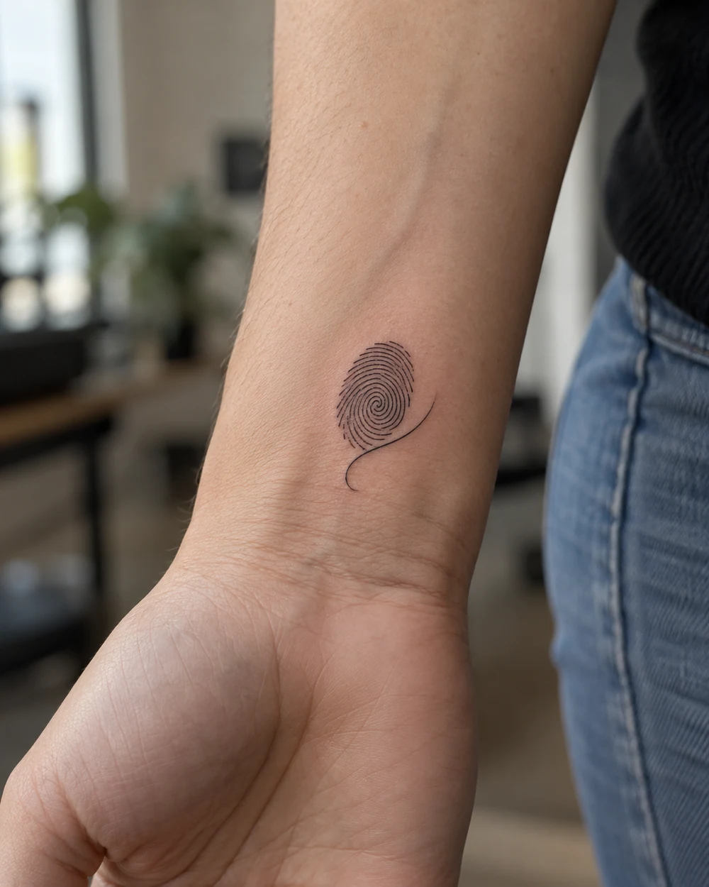 Small black fingerprint whorl tattoo with a fine-line tail curving below it on the inner wrist