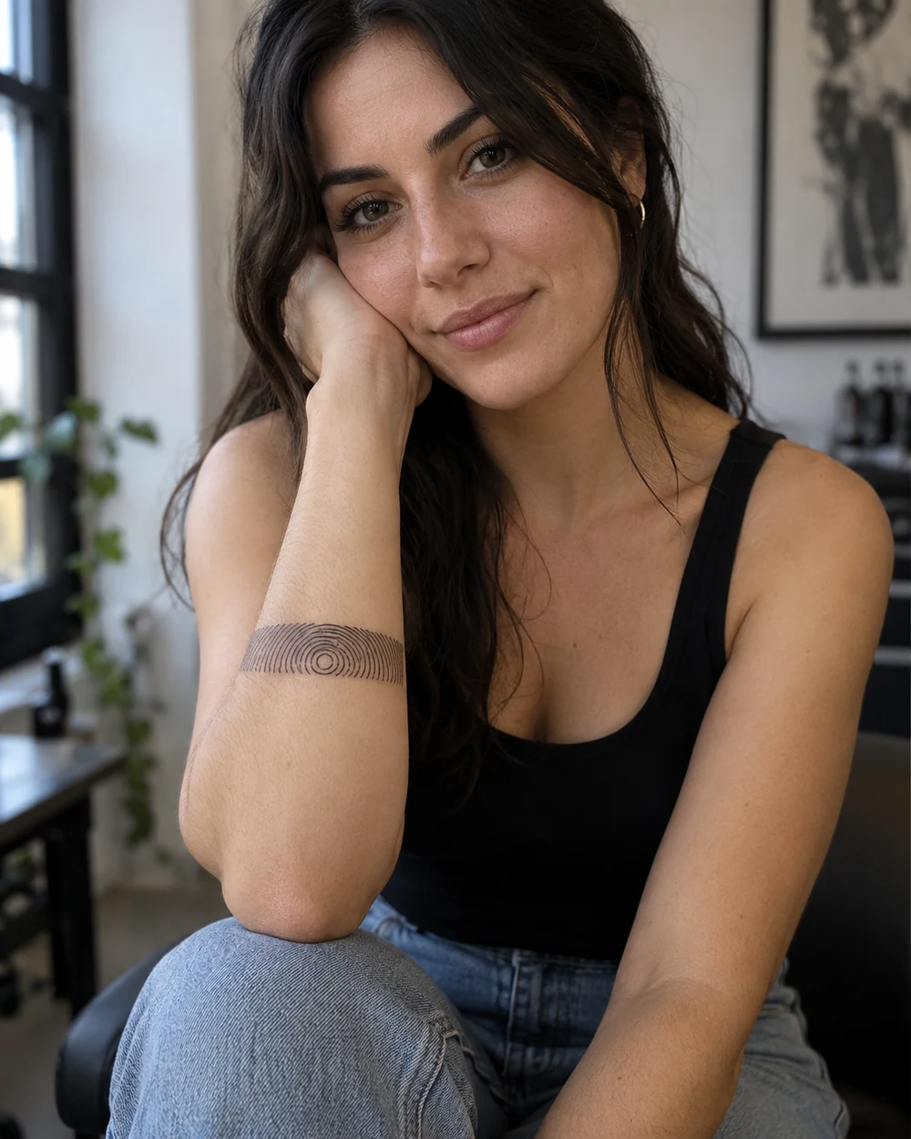 Fine-line fingerprint tattoo arranged as a horizontal band on a woman's forearm