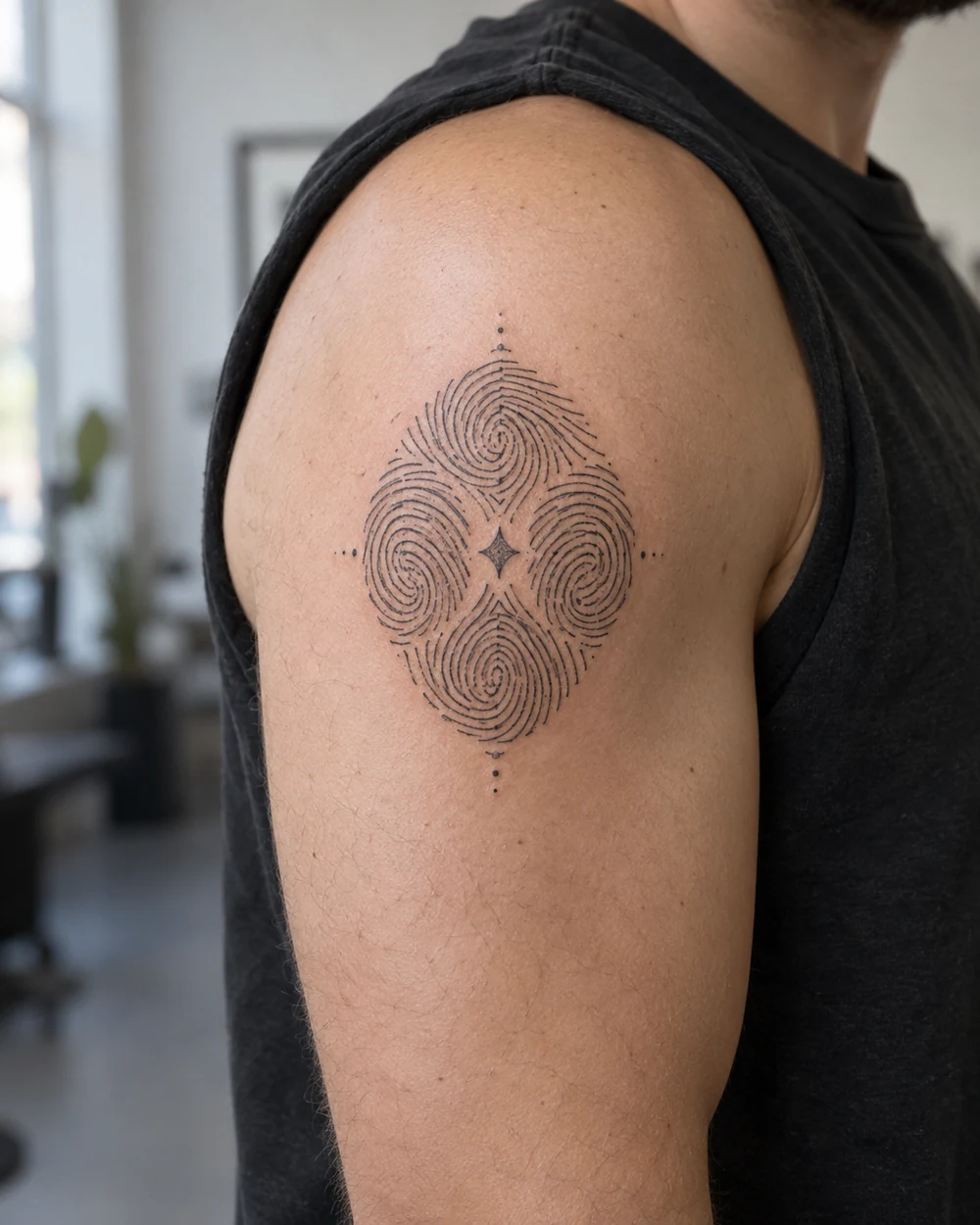 Black fine-line tattoo of four fingerprint whorls arranged around a small diamond on the outer upper arm