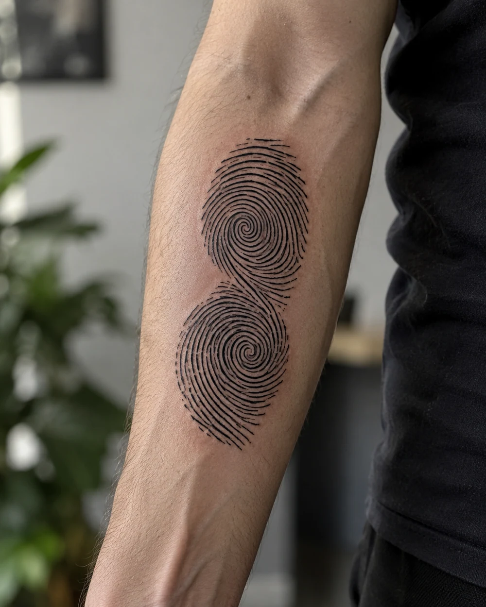 Two linked black fingerprint whorls arranged vertically as a forearm tattoo