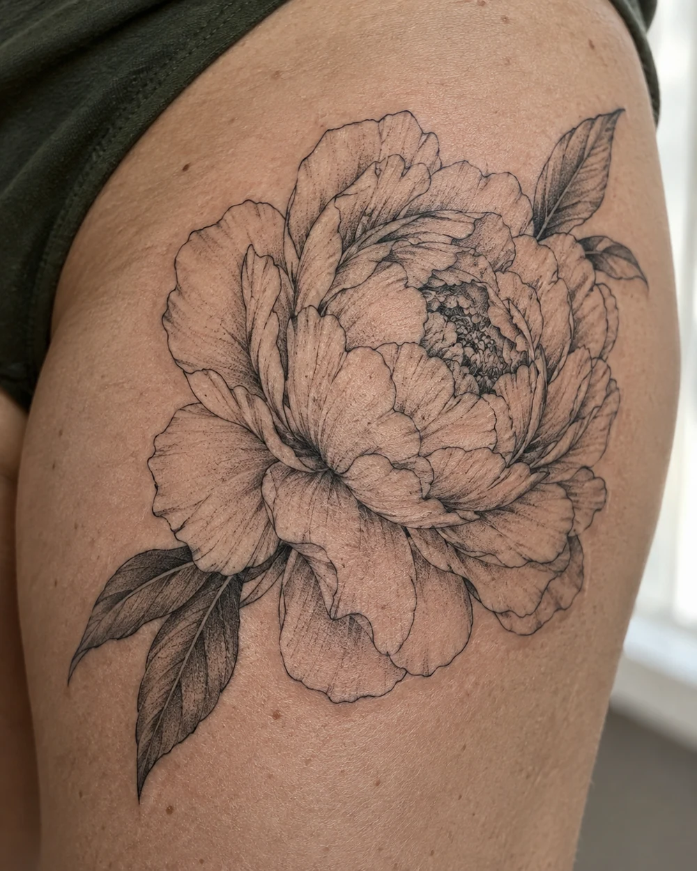 Fine-line black peony tattoo with layered petals and two leaves