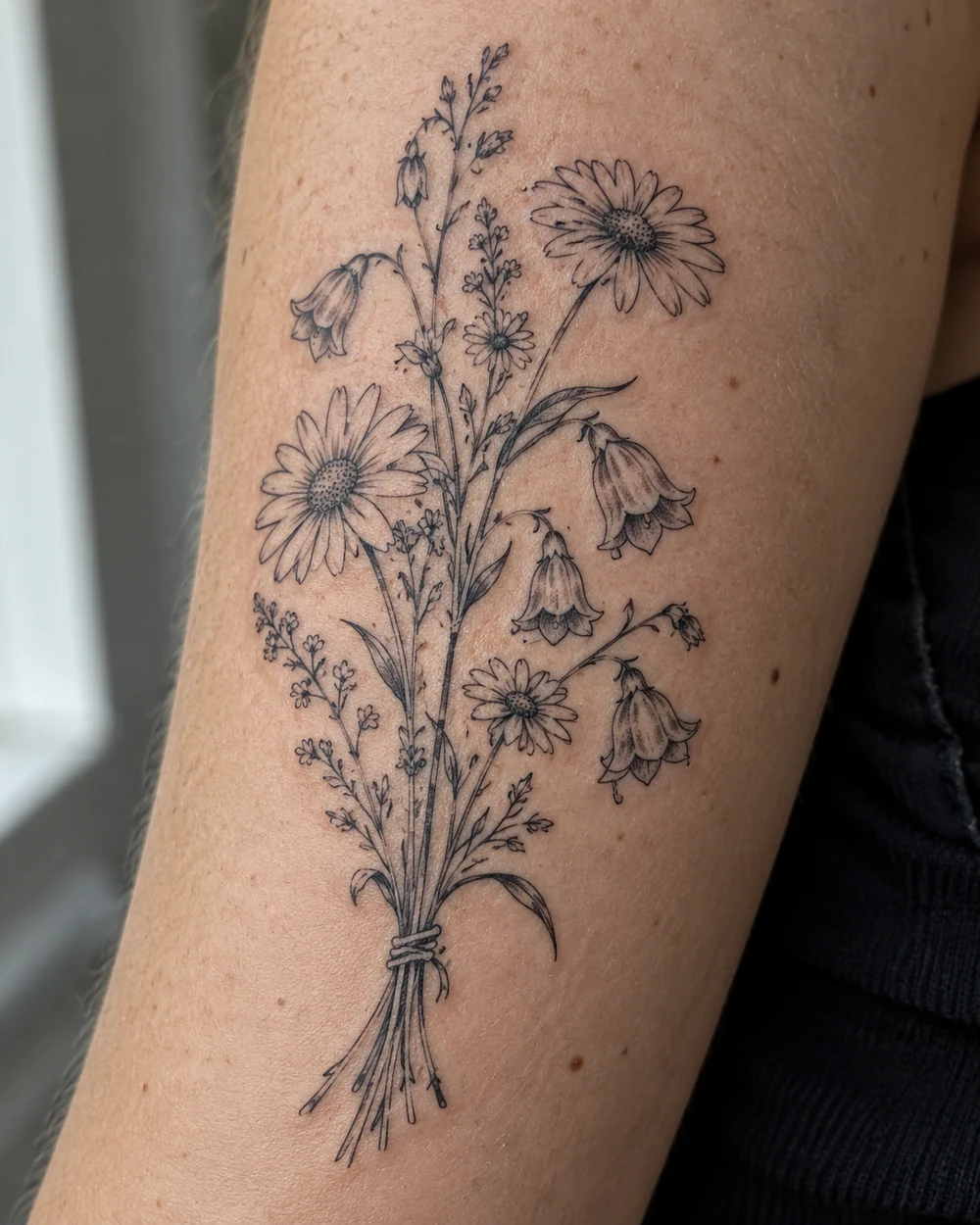 Fine-line black tattoo of a tied wildflower bouquet with daisies, bell flowers, and slender stems on an arm