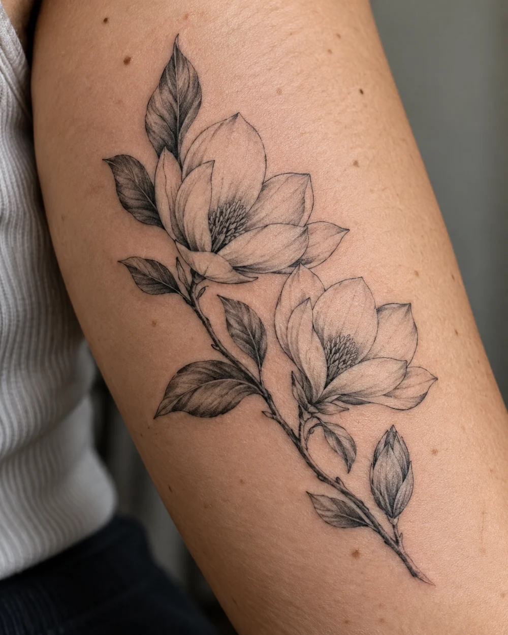 Fine-line black magnolia branch tattoo with two open flowers, a closed bud, and broad leaves