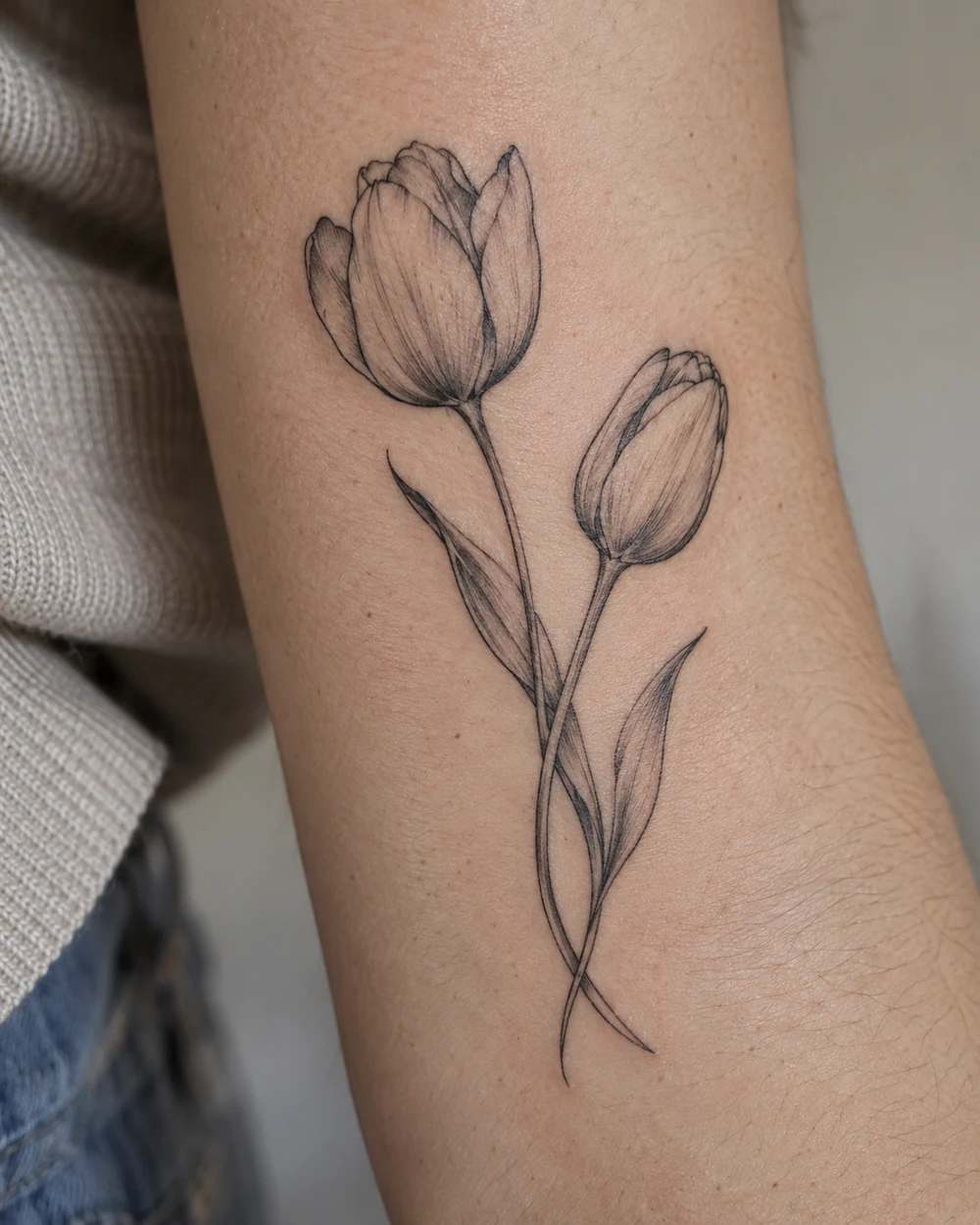 Fine-line black tattoo of two tulips at different stages of opening, with curved crossing stems and narrow leaves.
