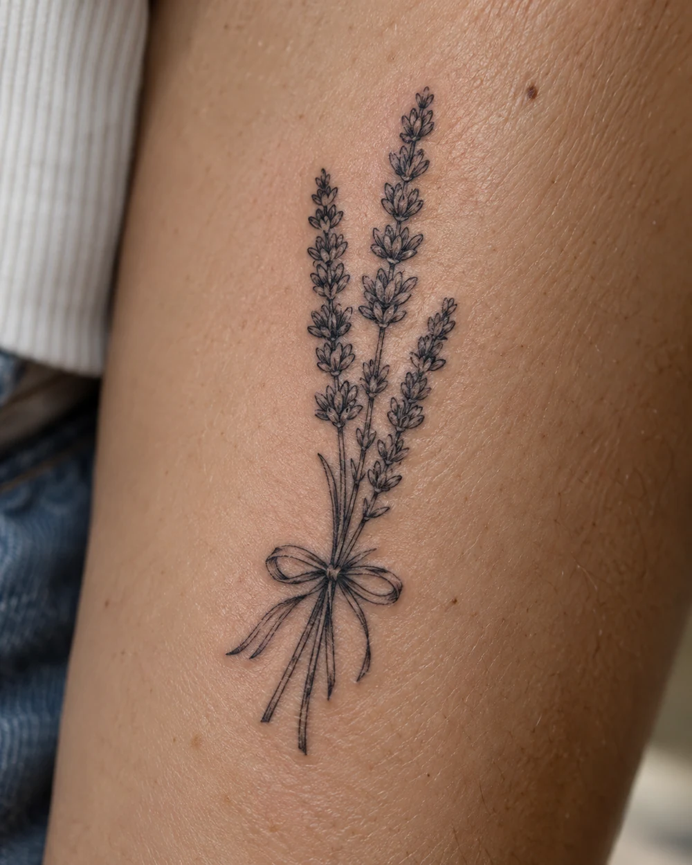 Fine-line black tattoo of three blossoming lavender stalks tied with a ribbon on the upper arm