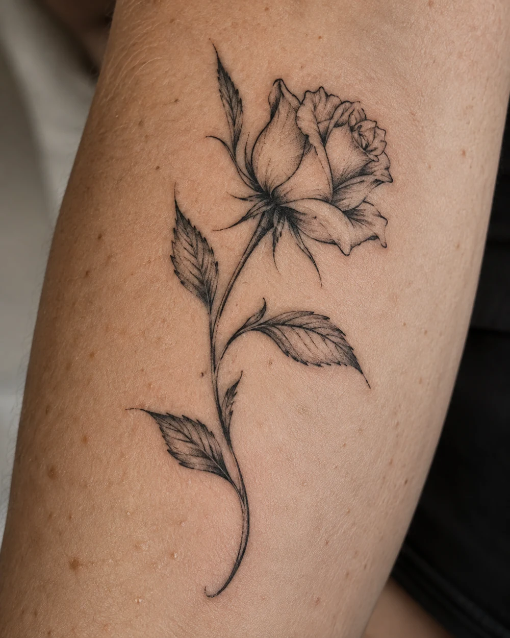 Fine-line black rose tattoo with a partially open side-facing bloom, pointed leaves, and curved stem