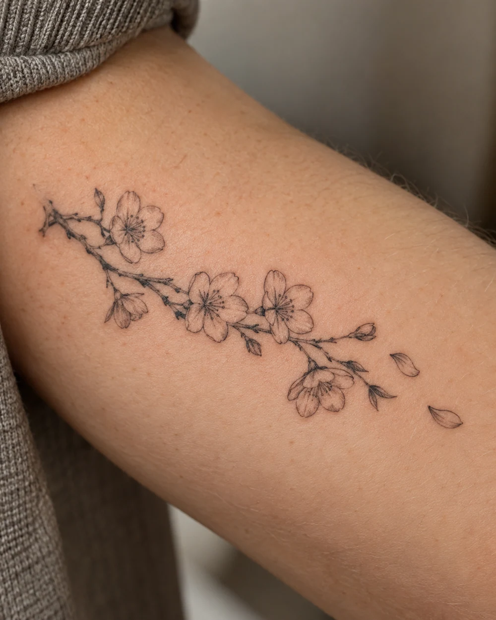 Fine-line black cherry blossom branch tattoo with five flowers and three drifting petals