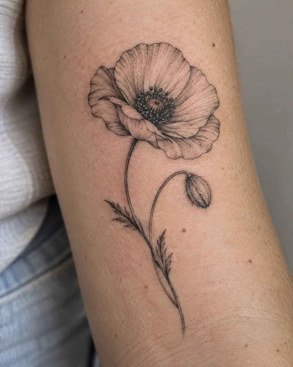 Fine-line black poppy tattoo with one broad bloom and a small bud on curved stems